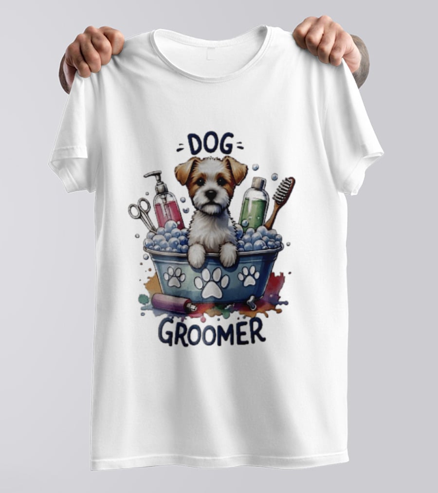 Dog Groomer Puppy Bath Tub Soap Scissors Brush Watercolor T-Shirt
