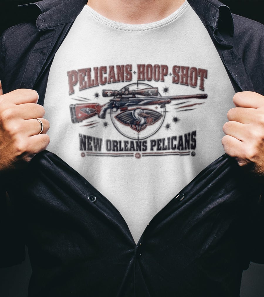 New Orleans Pelicans Hoop Shot Sniper Rifle Crosshair Bullet Holes Distressed T-Shirt