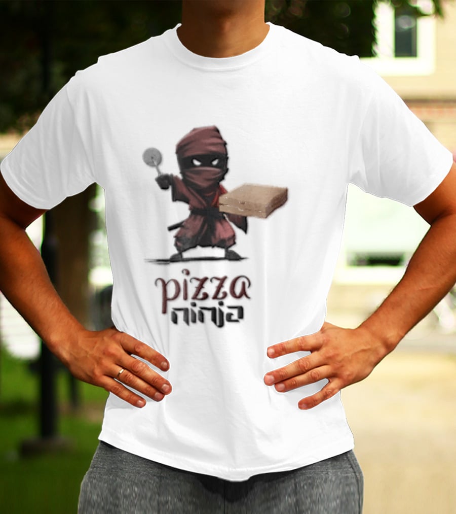 Pizza Ninja Red Masked Cartoon Figure Holding Cardboard Box T-Shirt