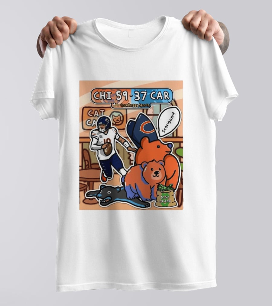 CHI 59 37 CAR CornDoggy Sports Chicago Bears Vs Carolina Panthers Scorigami Cat Café $150 Grand T-Shirt