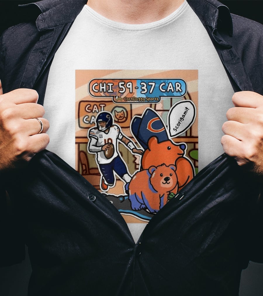 CHI 59 37 CAR CornDoggy Sports Chicago Bears Vs Carolina Panthers Scorigami Cat Café $150 Grand T-Shirt