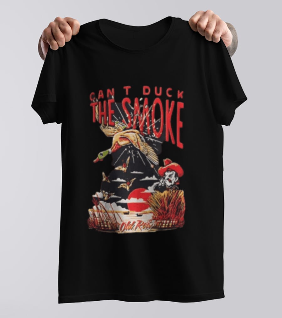 Can't Duck The Smoke Old Row Duck Hunting Scenic Sunset And Cowboy T-Shirt