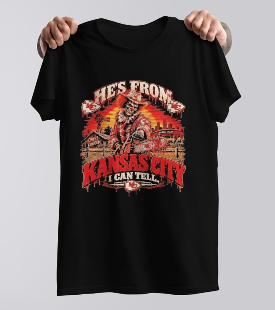 Kansas City Chiefs He's From Kansas City I Can Tell Horror Kingdom NFL Chiefs Logo Scary Chainsaw T-Shirt