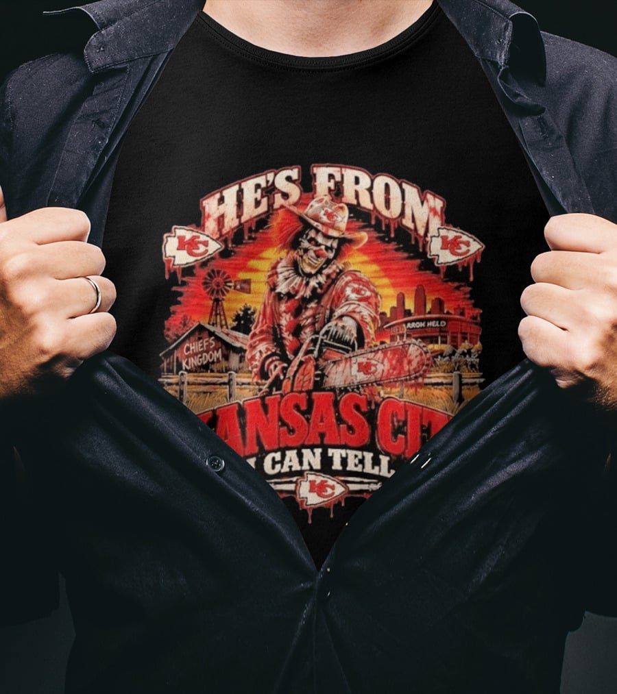 Kansas City Chiefs He's From Kansas City I Can Tell Horror Kingdom NFL Chiefs Logo Scary Chainsaw T-Shirt