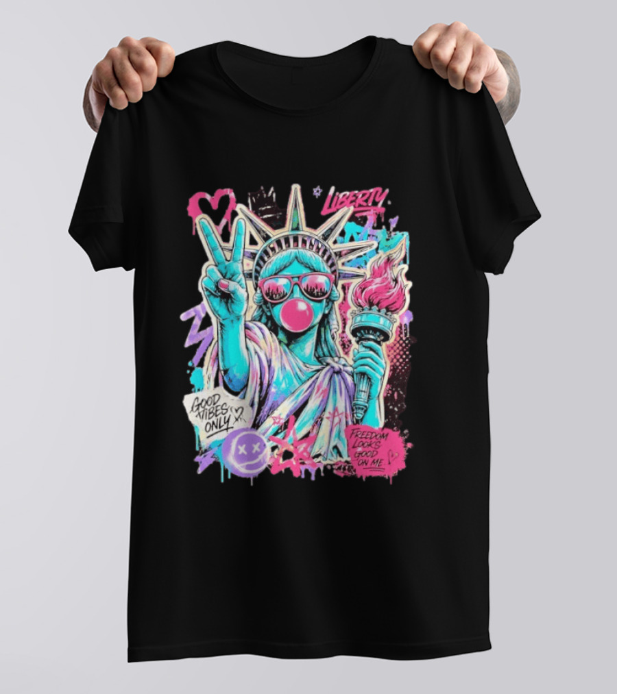 Liberty Graffiti Pop Art Good Vibes Only Statue Freedom Looks Good On Me T-Shirt