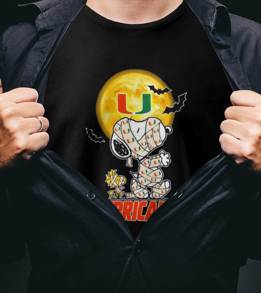 Miami Hurricanes Snoopy Woodstock Mummy Halloween Moon Bats T-Shirt