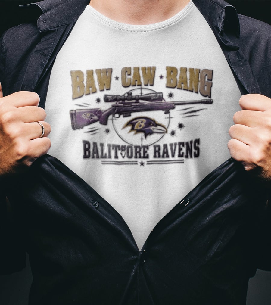 Baltimore Ravens Baw Caw Bang Sniper Rifle Bullet Holes Distressed T-Shirt