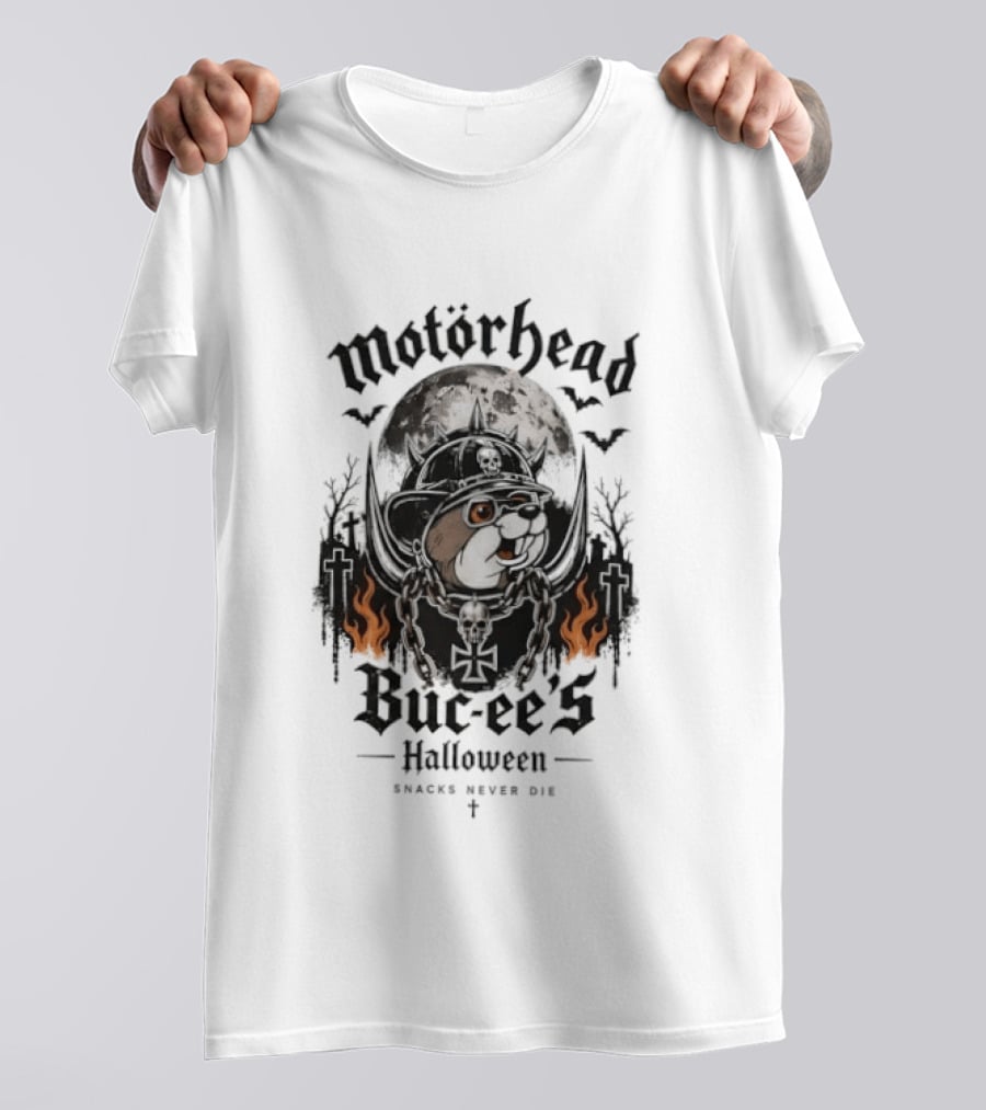 Motorhead Buc Ee's Halloween Snacks Never Die Ghostly Flames Moon Bats T-Shirt