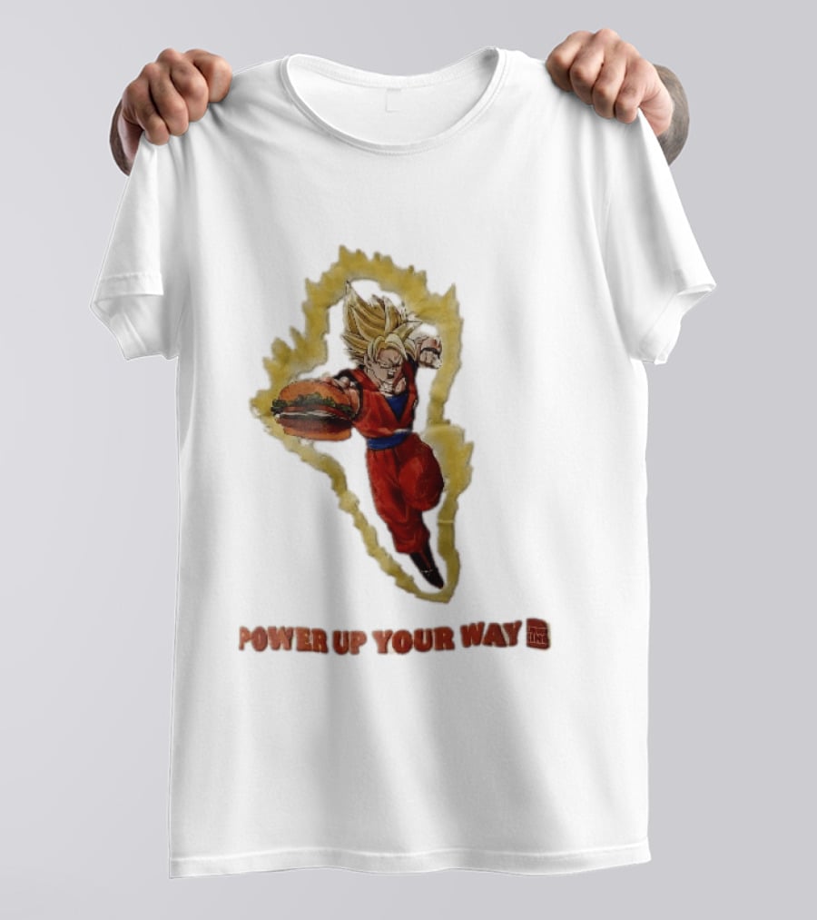Burger King Power Up Your Way Super Saiyan Goku Holding Cheeseburger Aura T-Shirt