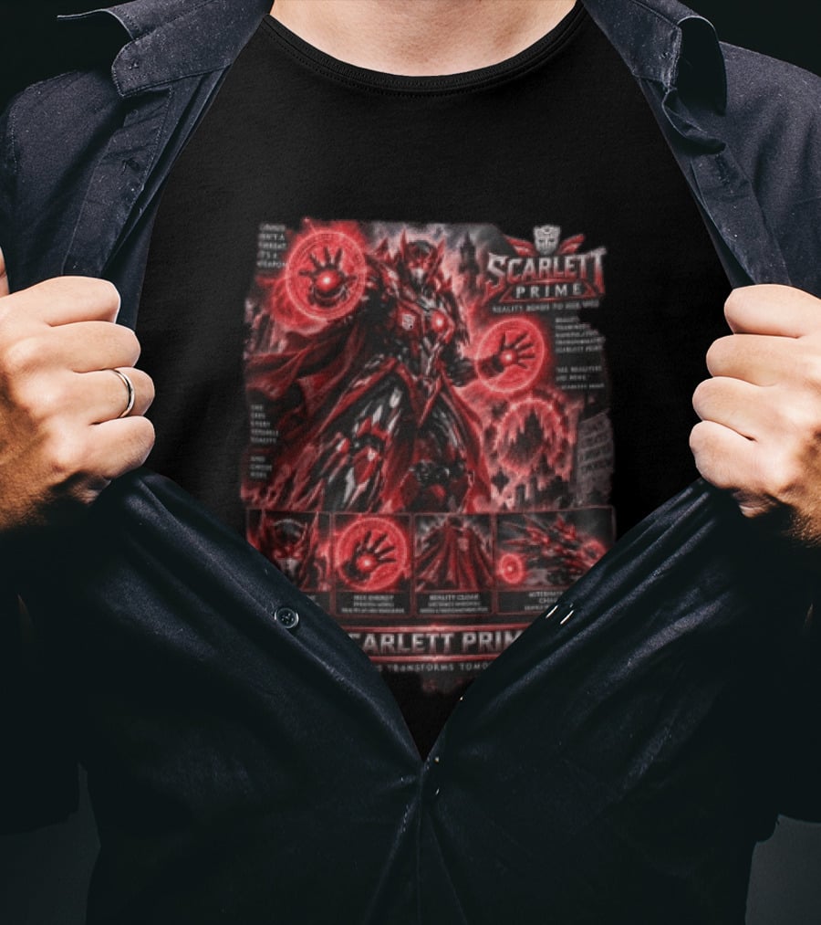 Scarlett Prime Reality Bends Red Mecha Chaos Transforms Tomorrow Jet Hex Magic T-Shirt