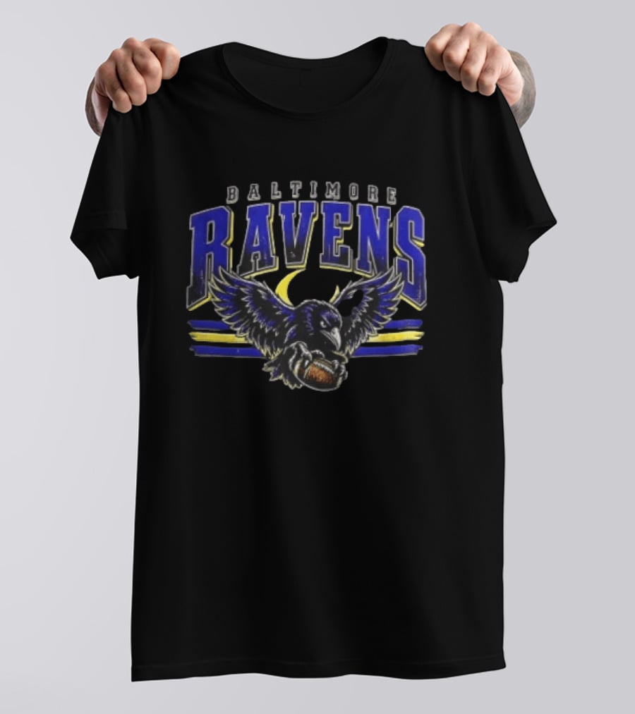 Baltimore Ravens Distressed Flying Bird Holding Football With Stripes T-Shirt