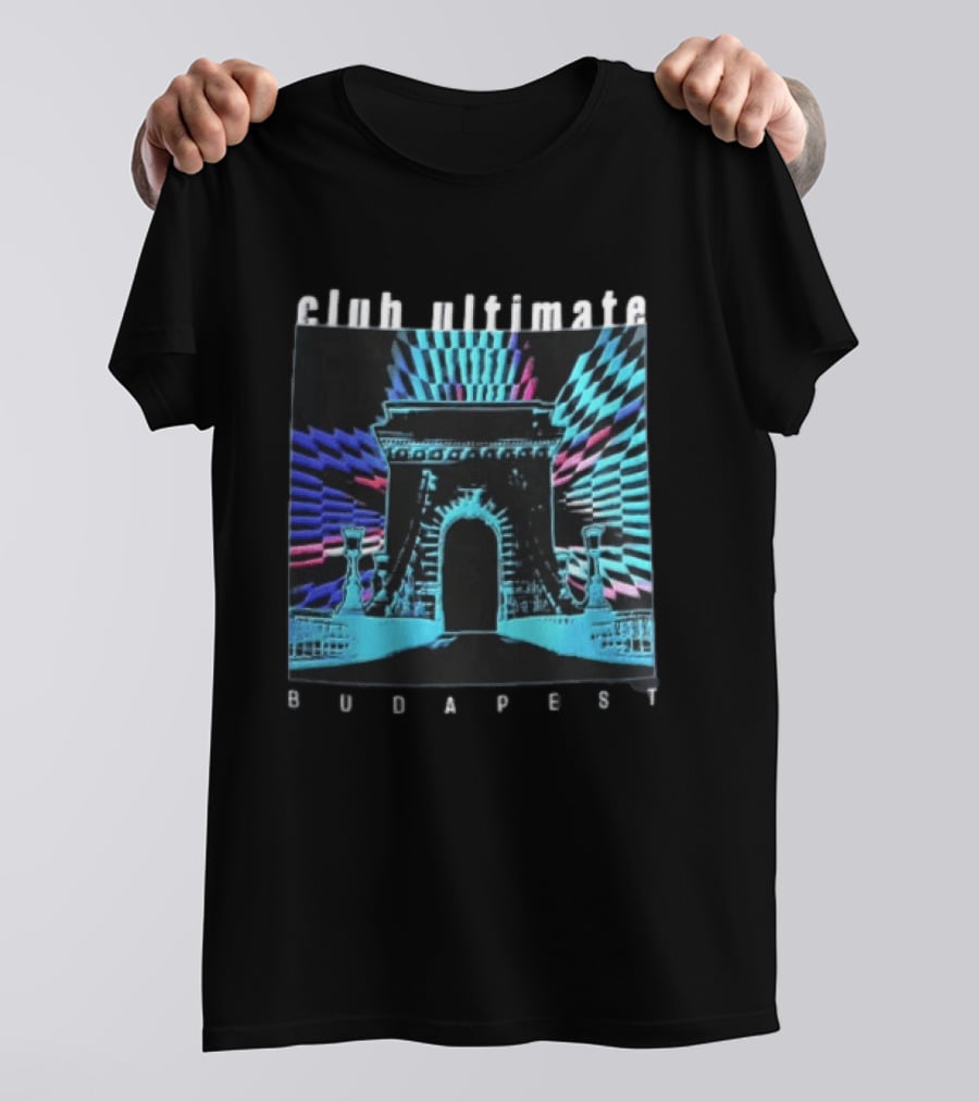 Club Ultimate Budapest Szechenyi Chain Bridge Neon Checkerboard Arch T-Shirt