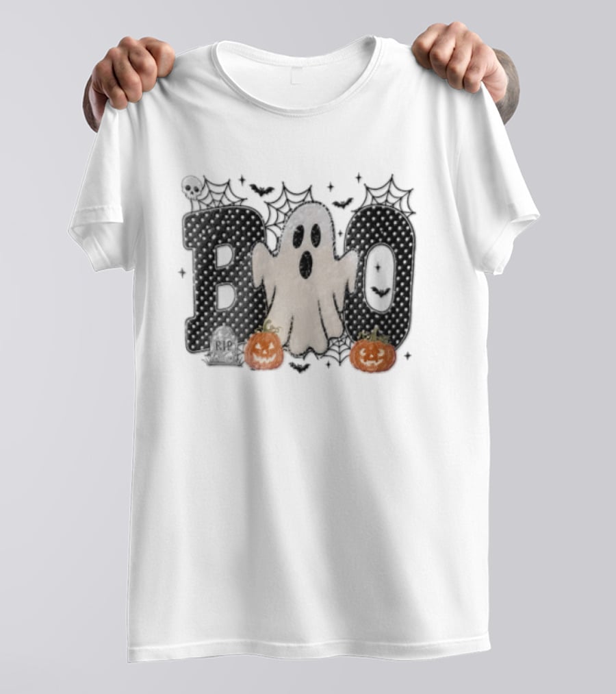 Boo Distressed Ghost Jack O Lanterns Polka Dots Cobwebs T-Shirt