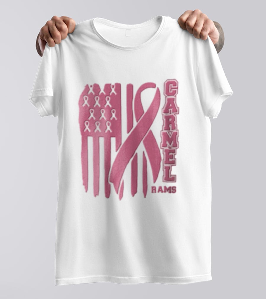 Carmel Rams Pink Ribbon American Flag Breast Cancer Awareness T-Shirt
