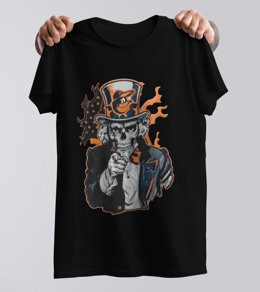 Baltimore Orioles Skeleton Uncle Sam Pointing Flames American Flag Hat T-Shirt