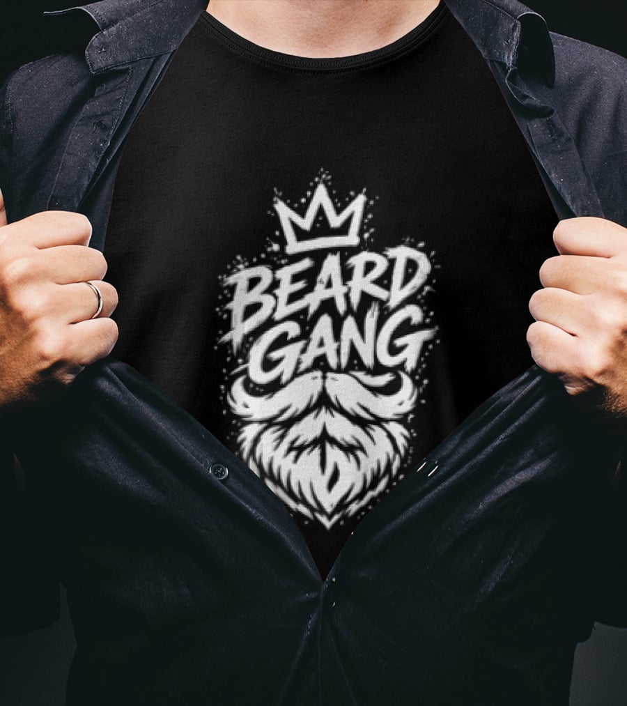 Beard Gang Crown Handlebar Mustache Paint Splatter Bushy Facial Hair T-Shirt