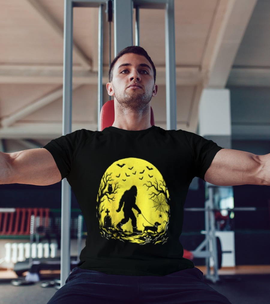 Bigfoot Walking Dachshund Under Full Moon Halloween Night T-Shirt