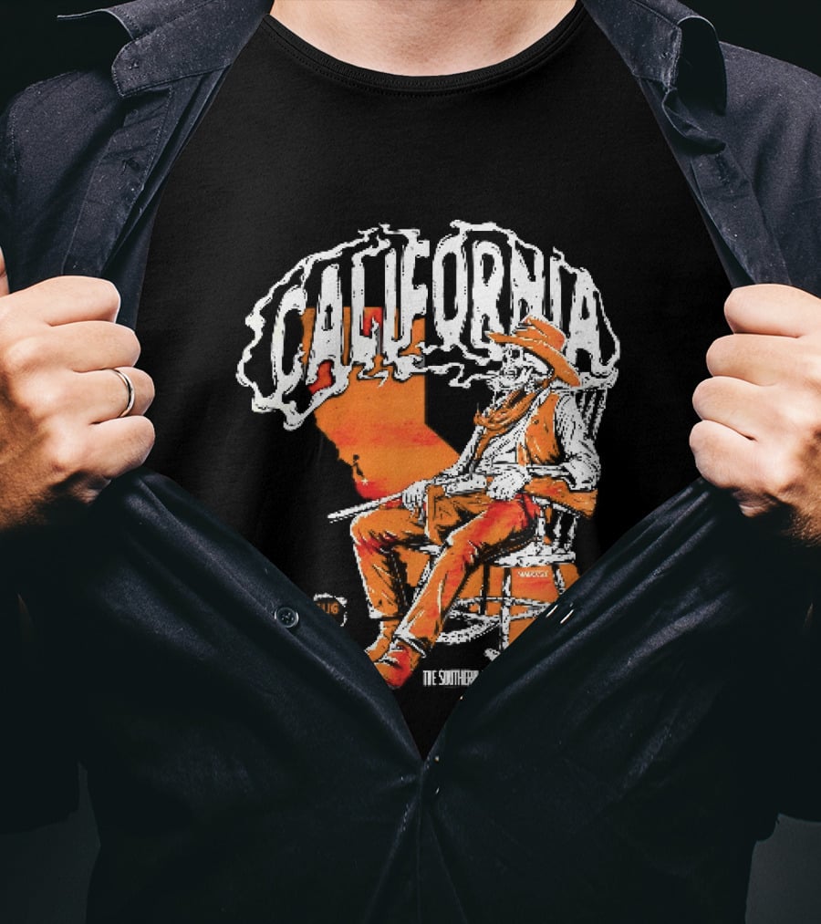 California Skeleton Cowboy Southern Hospitality Tour Aug 20 Rocking Chair Rifle Map T-Shirt