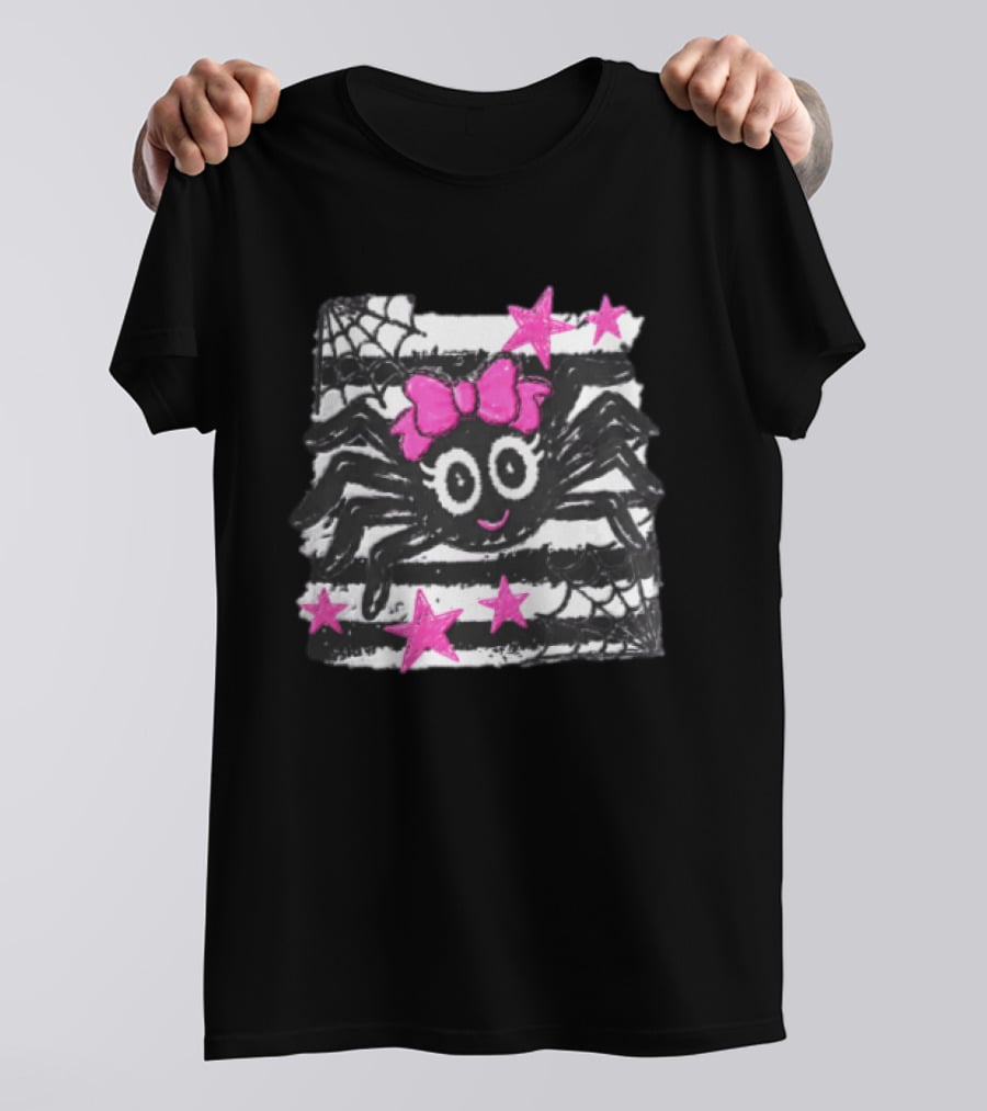 Cartoon Black Spider Big Eyes Pink Bow Stripes Webs Stars T-Shirt