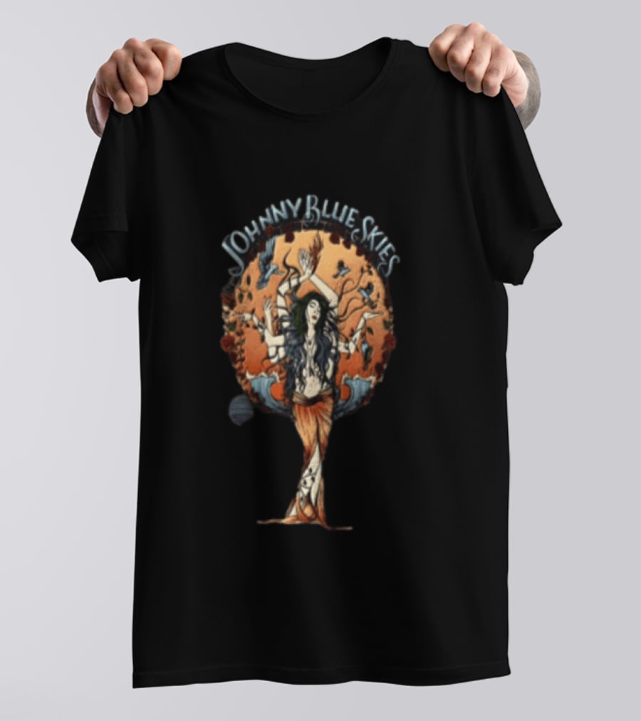 Johnny Blue Skies Ocean Goddess Mythical Woman Surrounded By Birds T-Shirt