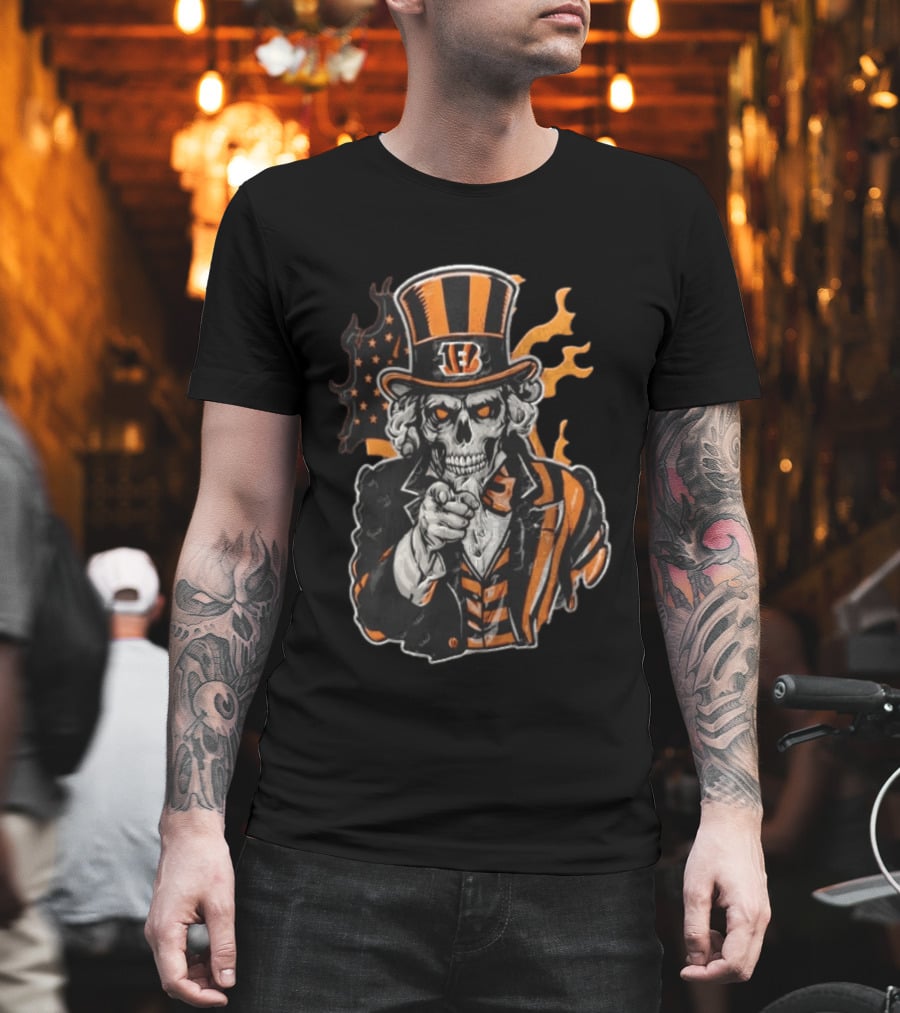 Cincinnati Bengals Skeleton Uncle Sam Pointing Tiger Head Iconic Style Fan Favorite T-Shirt