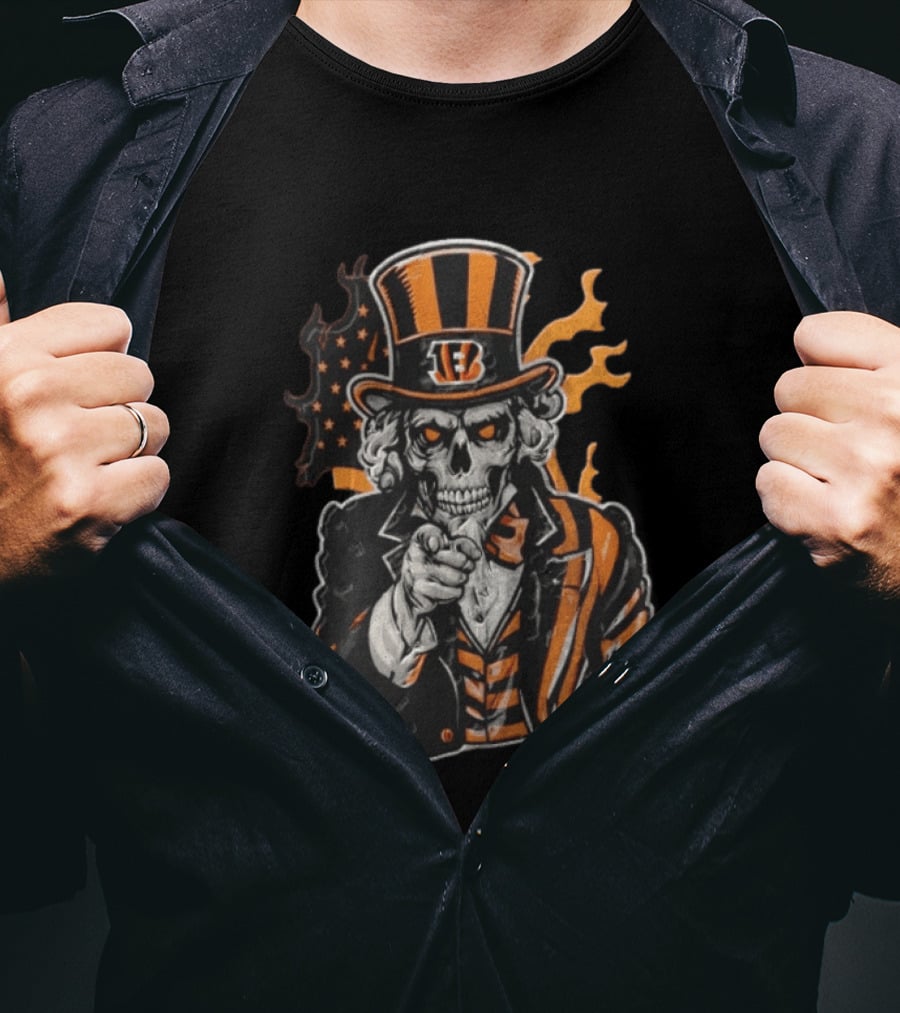 Cincinnati Bengals Skeleton Uncle Sam Pointing Tiger Head Iconic Style Fan Favorite T-Shirt