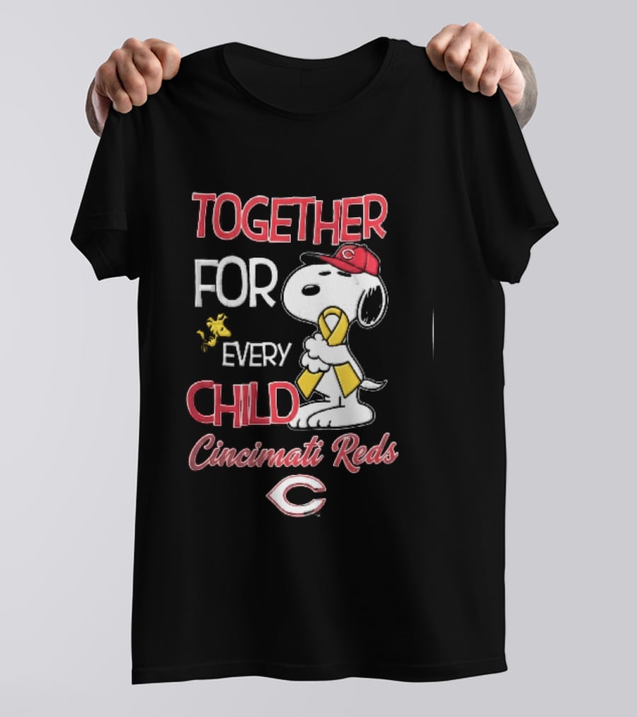TOGETHER FOR EVERY CHILD Cincinnati Reds Snoopy Woodstock Yellow Ribbon T-Shirt