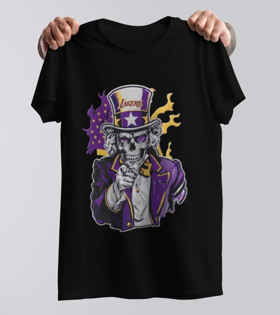 Los Angeles Lakers Skeleton Uncle Sam Purple Flames T-Shirt