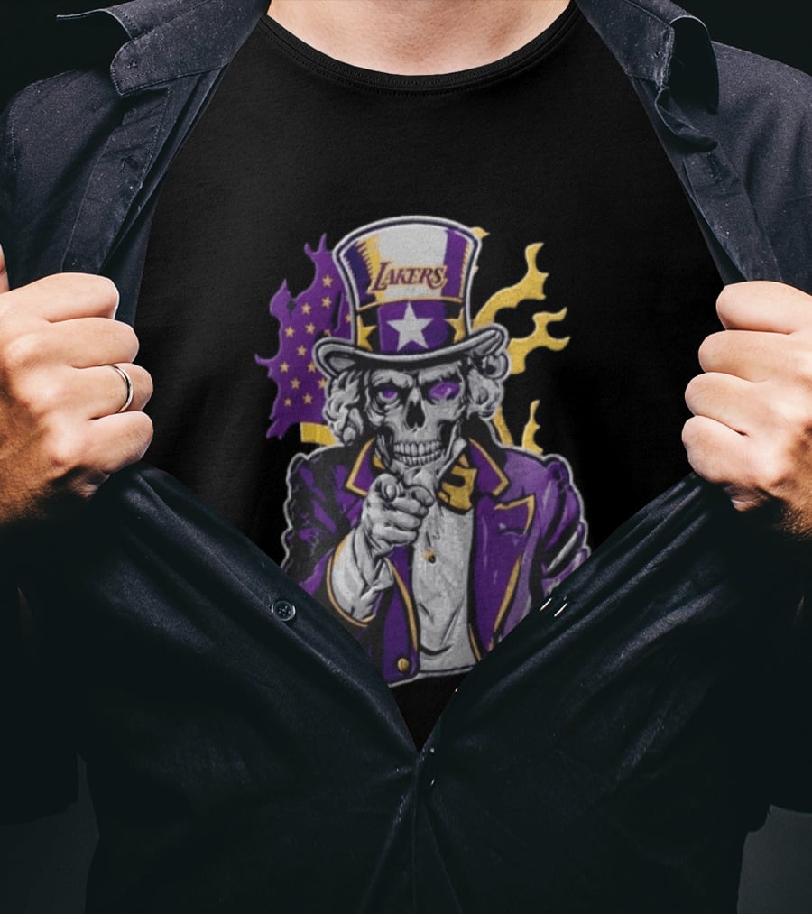 Los Angeles Lakers Skeleton Uncle Sam Purple Flames T-Shirt
