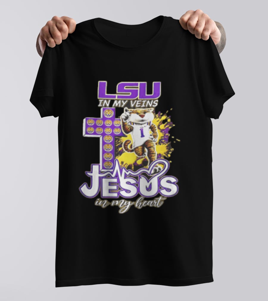 LSU In My Veins Jesus In My Heart Tiger Purple Cross EKG T-Shirt