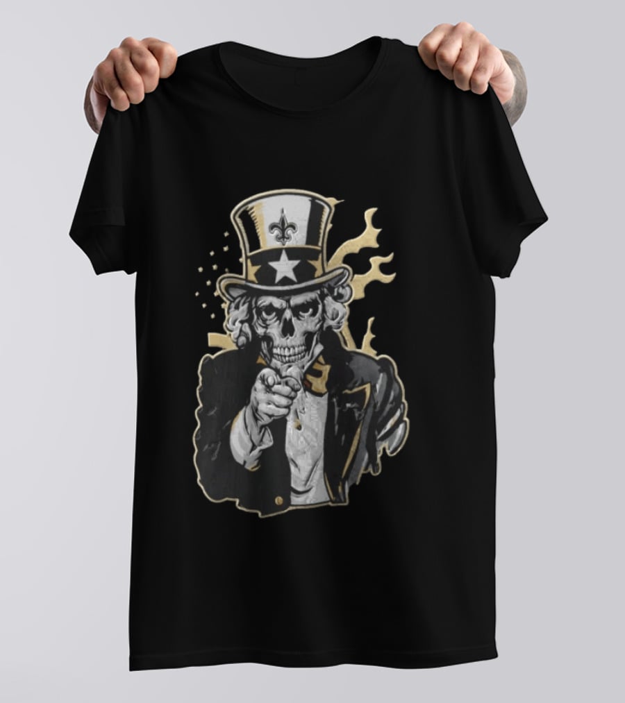New Orleans Saints Skeleton Uncle Sam Pointing Fleur De Lis American Flag T-Shirt