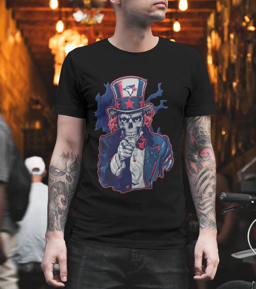 Toronto Blue Jays Skeleton Uncle Sam Pointing American Flag Bird Head Maple Leaf T-Shirt
