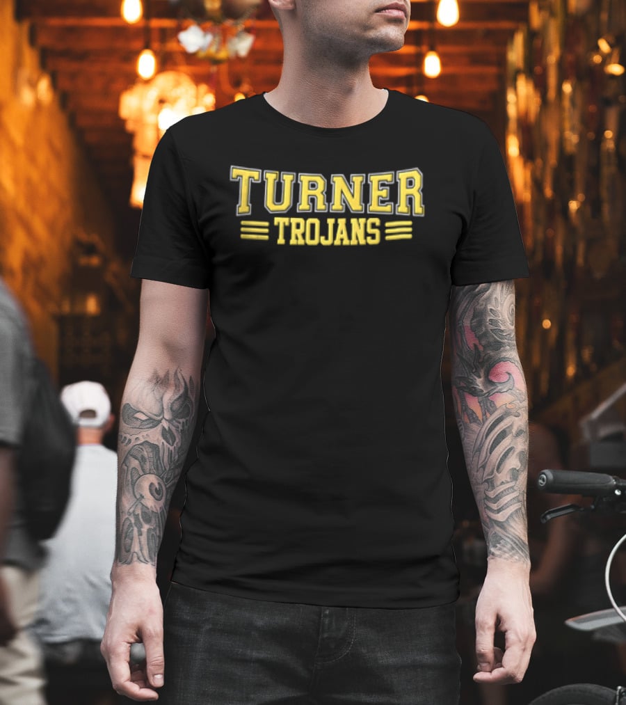 Turner Trojans Yellow Collegiate Varsity Lettering Horizontal Stripes T-Shirt