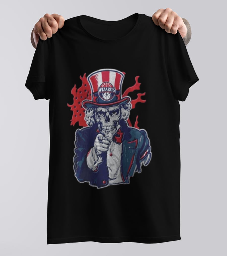 Washington Wizards Skeleton Uncle Sam Pointing Flames American Flag T-Shirt