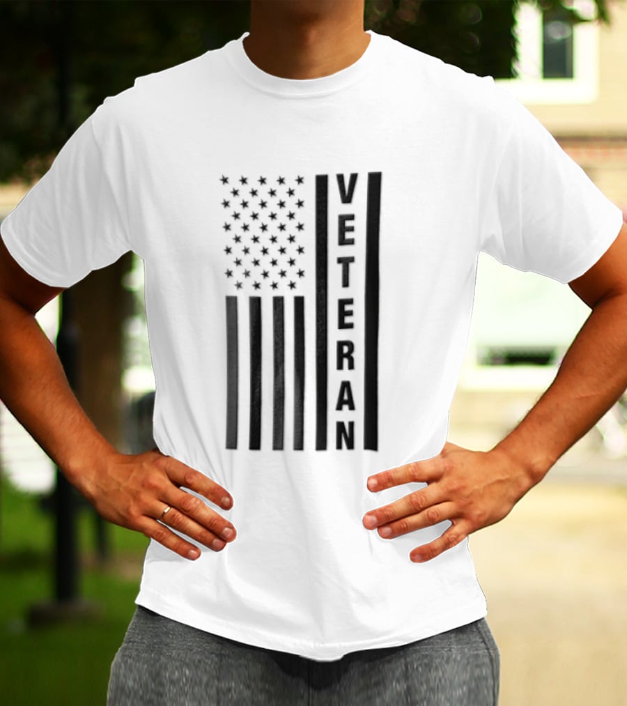 Veteran Vertical Monochrome US Flag Black Stars Stripes T-Shirt