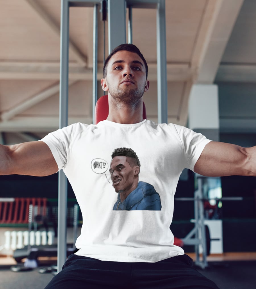 Russell Westbrook Cartoon Caricature Confused Face What Speech Bubble Blue T-Shirt