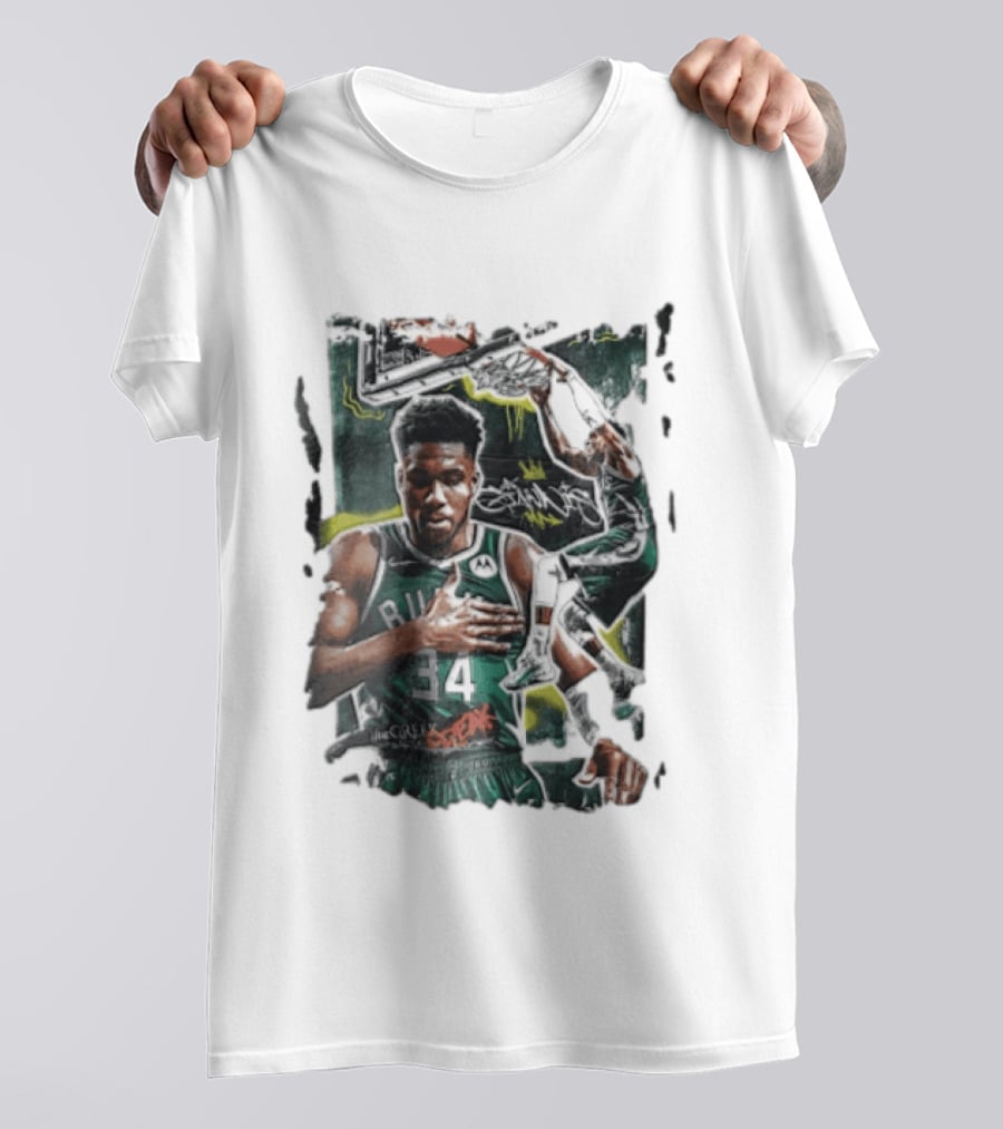 Milwaukee Bucks Giannis Dunking Greek Freak Paint Splatter Collage T-Shirt