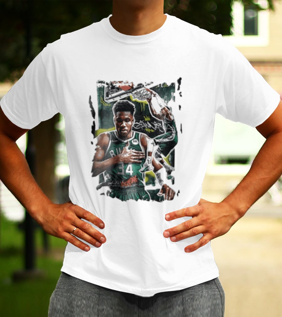 Milwaukee Bucks Giannis Dunking Greek Freak Paint Splatter Collage T-Shirt