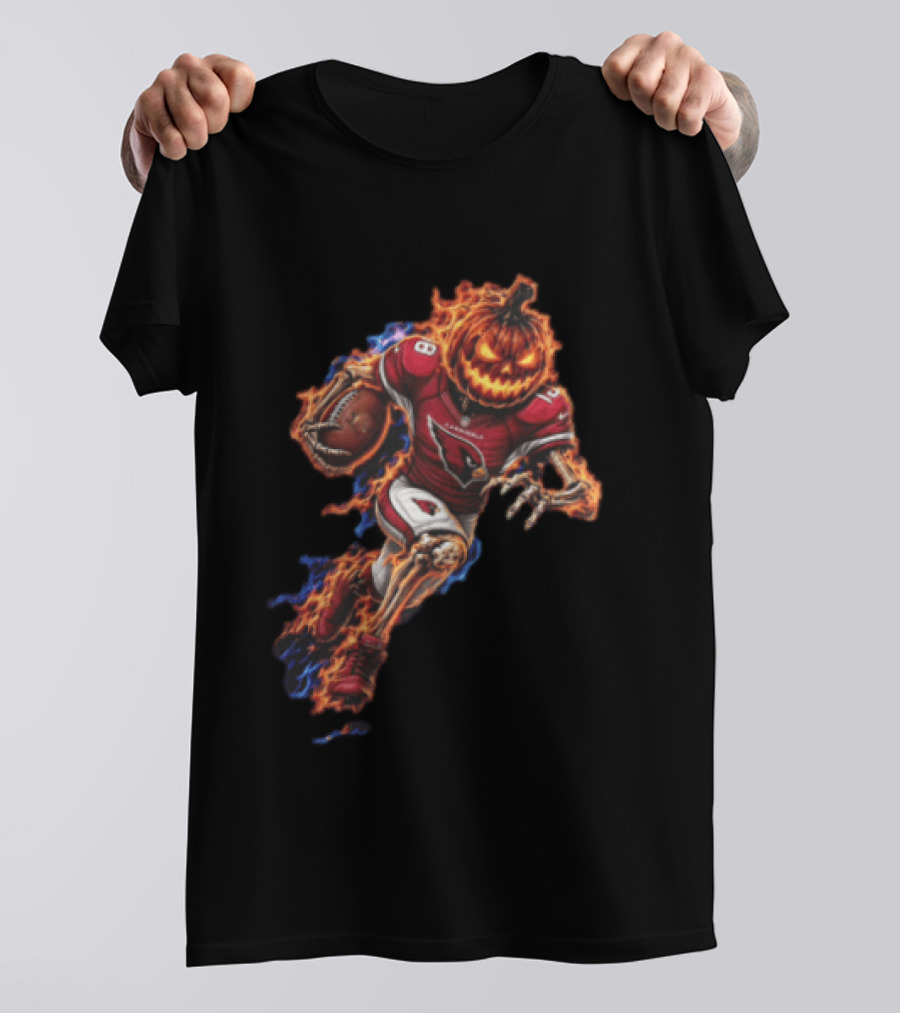 Arizona Cardinals Flaming Pumpkin Head Skeleton Football Player Halloween T-Shirt