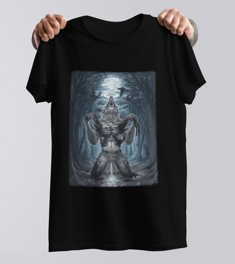 Howling Werewolf Under Full Moon In Dark Forest With Ravens T-Shirt