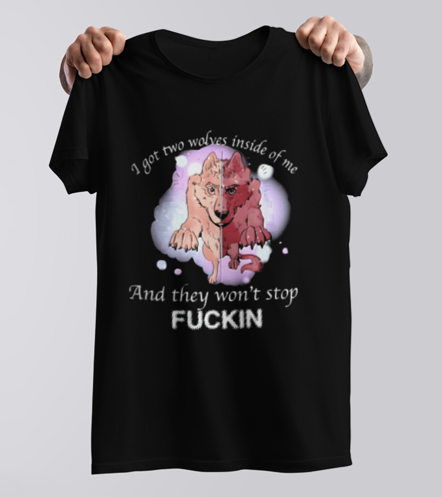 I Got Two Wolves Inside Of Me And They Wont Stop Fuckin Cartoon Split Wolf Pastel Cloud Funny Humor T-Shirt
