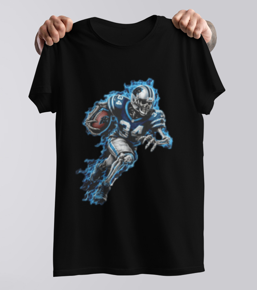 Carolina Panthers Skeleton Running Back 34 Blue Flames Football T-Shirt