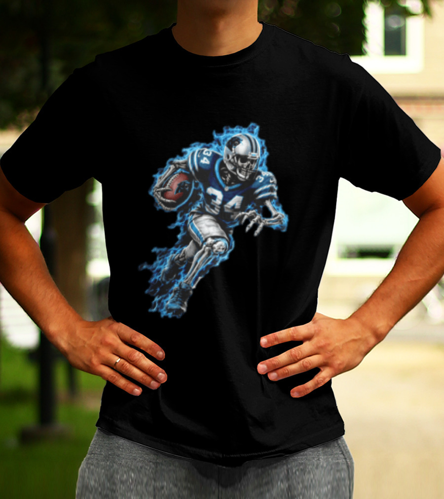 Carolina Panthers Skeleton Running Back 34 Blue Flames Football T-Shirt