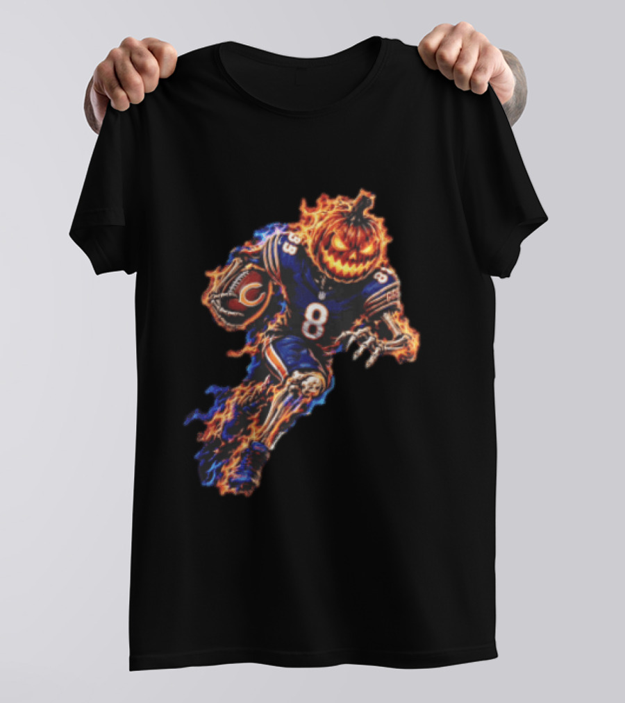 Chicago Bears Flaming Pumpkin Skeleton Football Running Halloween Scary Sports Fan T-Shirt