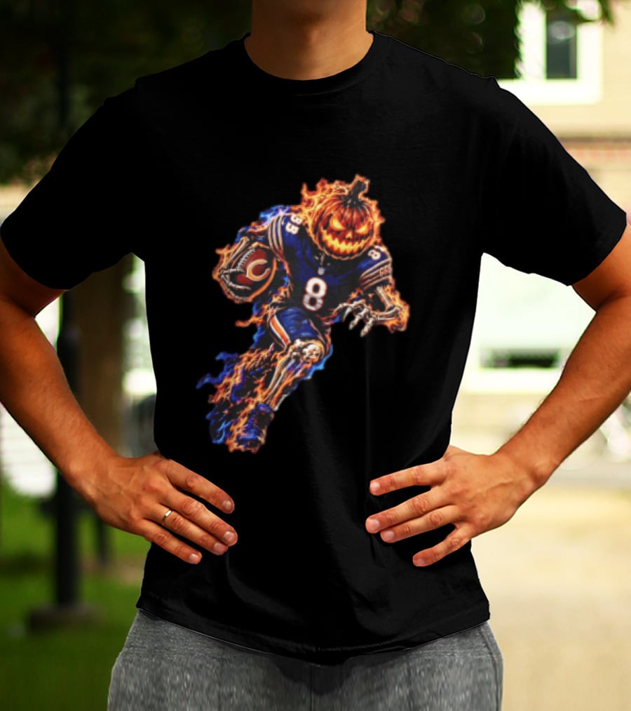 Chicago Bears Flaming Pumpkin Skeleton Football Running Halloween Scary Sports Fan T-Shirt