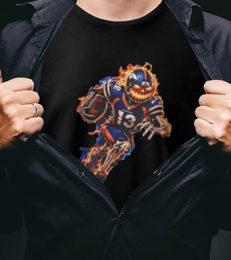 Denver Broncos Fiery Pumpkin Head Skeleton Football Player T-Shirt