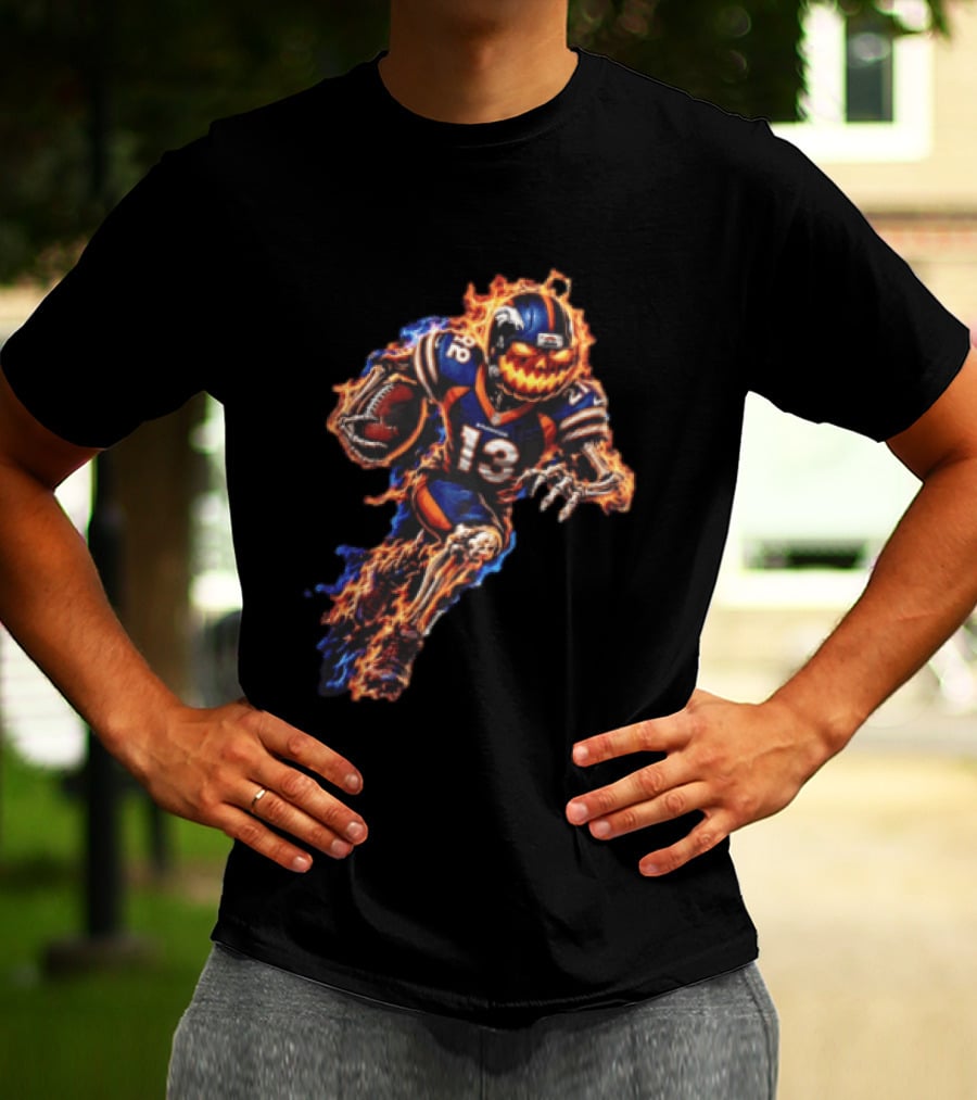 Denver Broncos Fiery Pumpkin Head Skeleton Football Player T-Shirt
