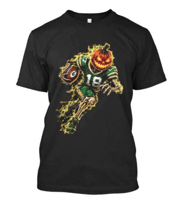 Green Bay Packers Halloween Pumpkin Head Skeleton Football Player Running T-Shirt