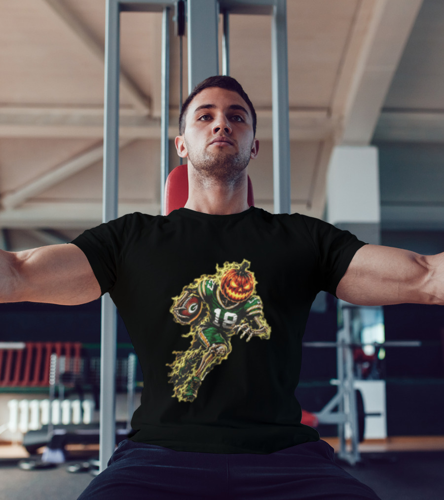 Green Bay Packers Halloween Pumpkin Head Skeleton Football Player Running T-Shirt