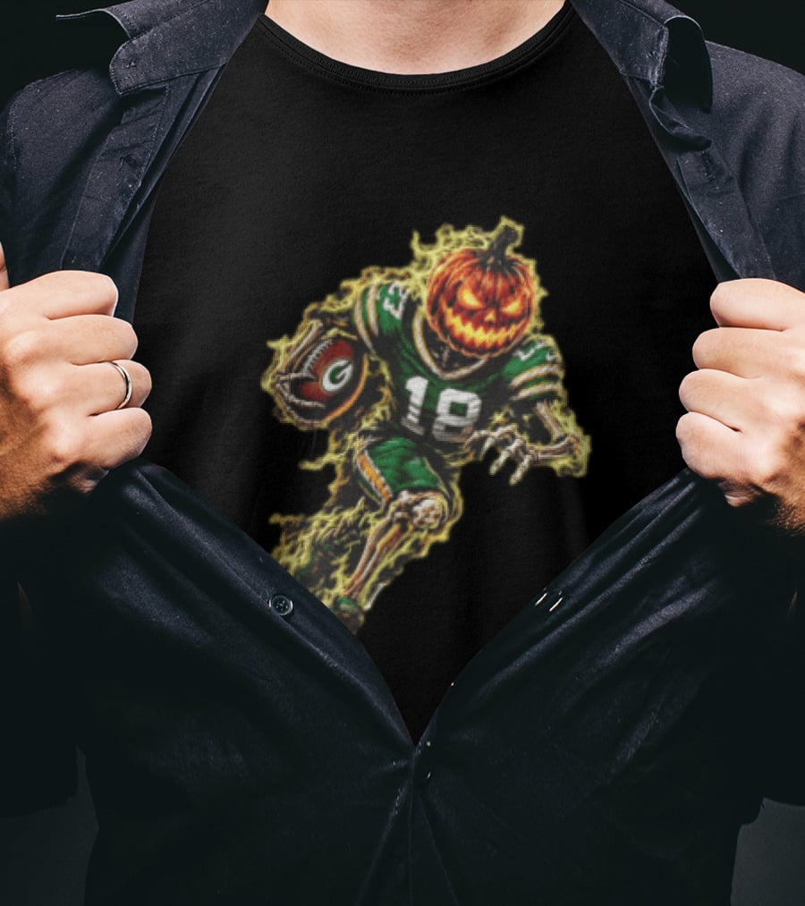 Green Bay Packers Halloween Pumpkin Head Skeleton Football Player Running T-Shirt